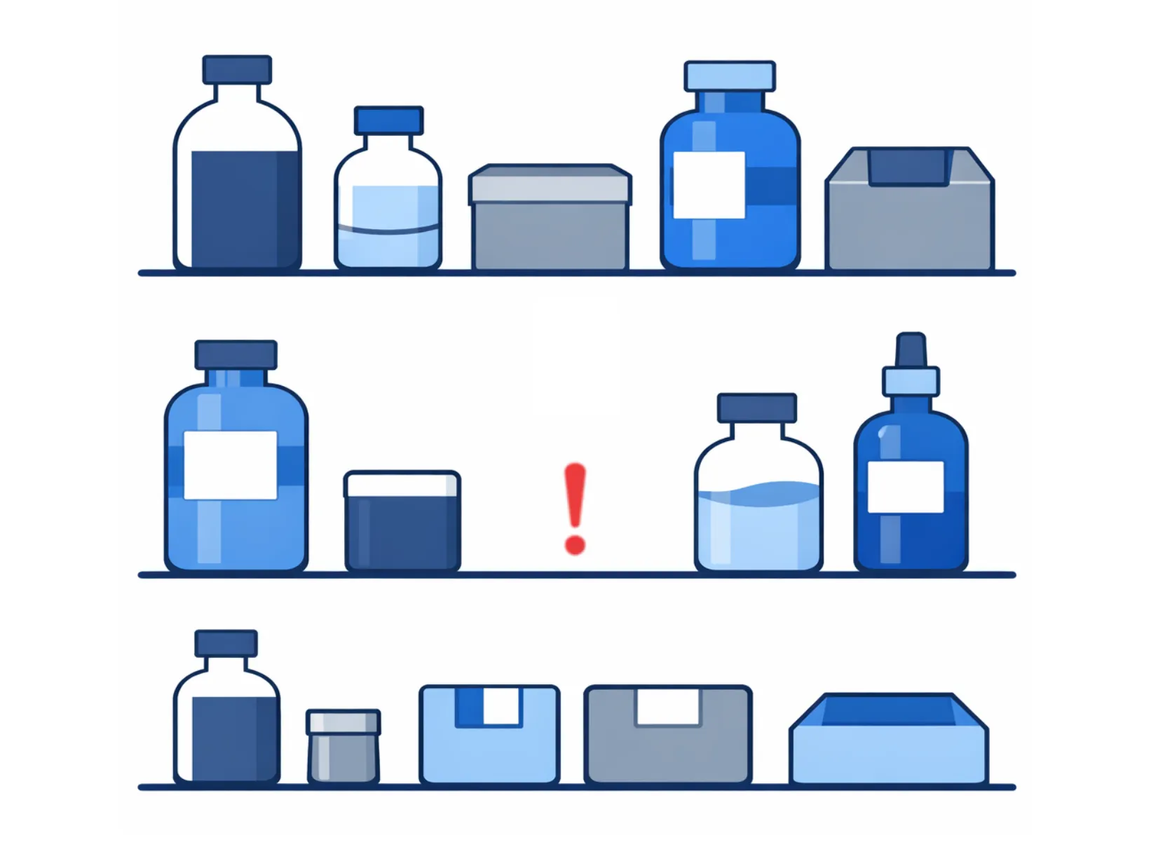 Illustration of lab shelves stocked with bottles and boxes, with a red exclamation mark where one item has run out