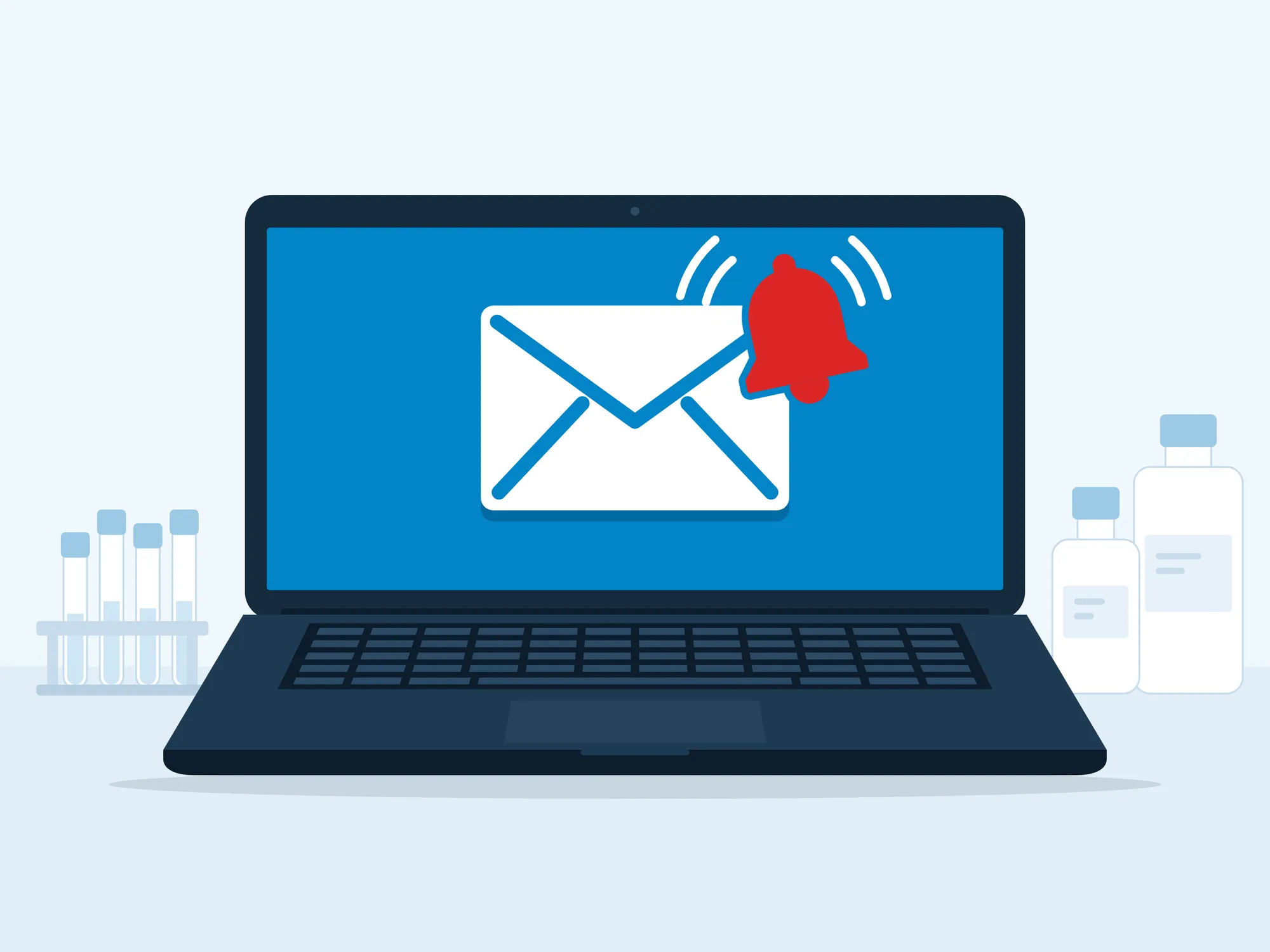 Illustration of a laptop showing an email with a red alert bell, beside lab test tubes and reagent bottles