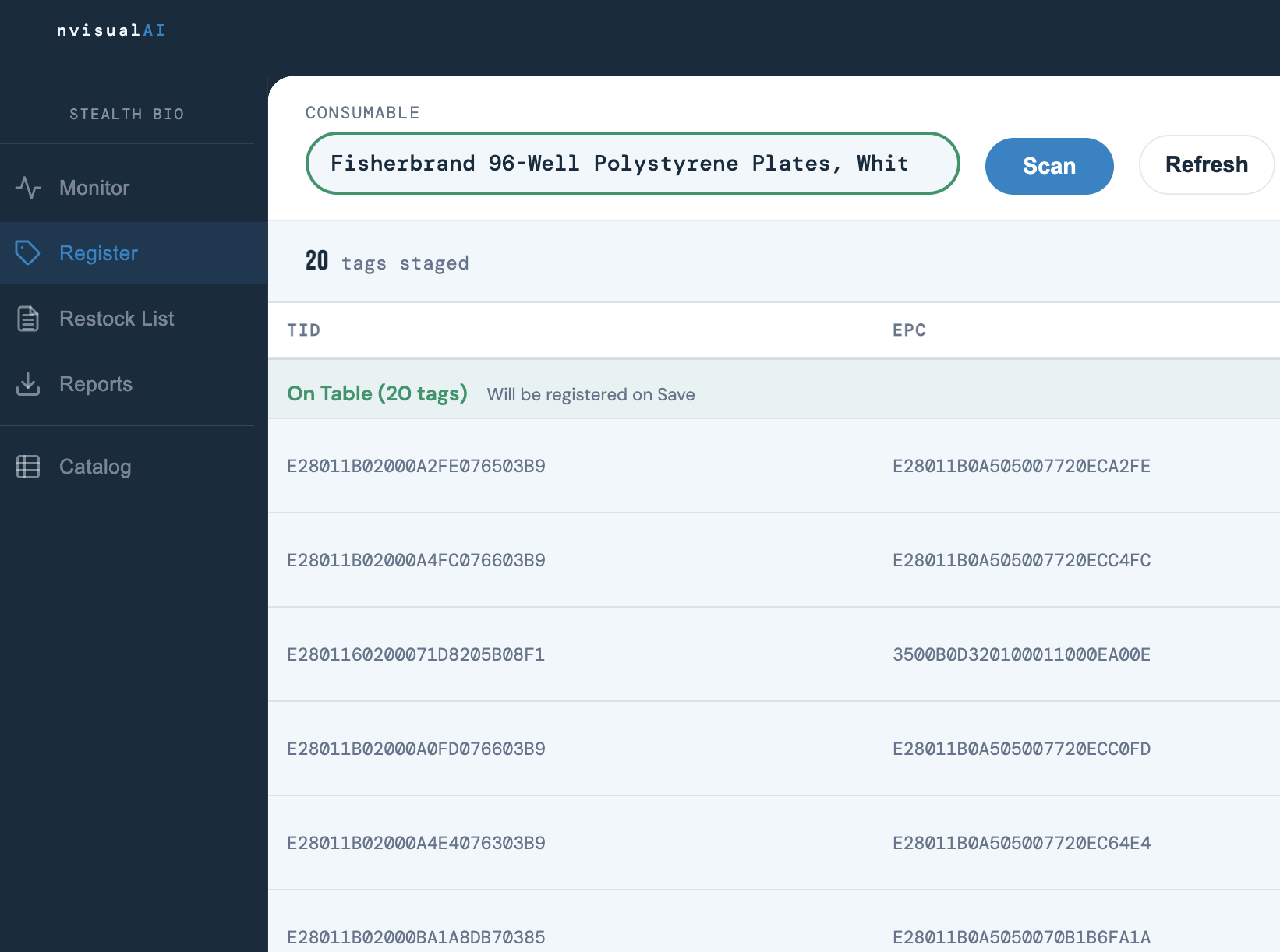 nvisualAI registration view showing tag-to-item mapping workflow